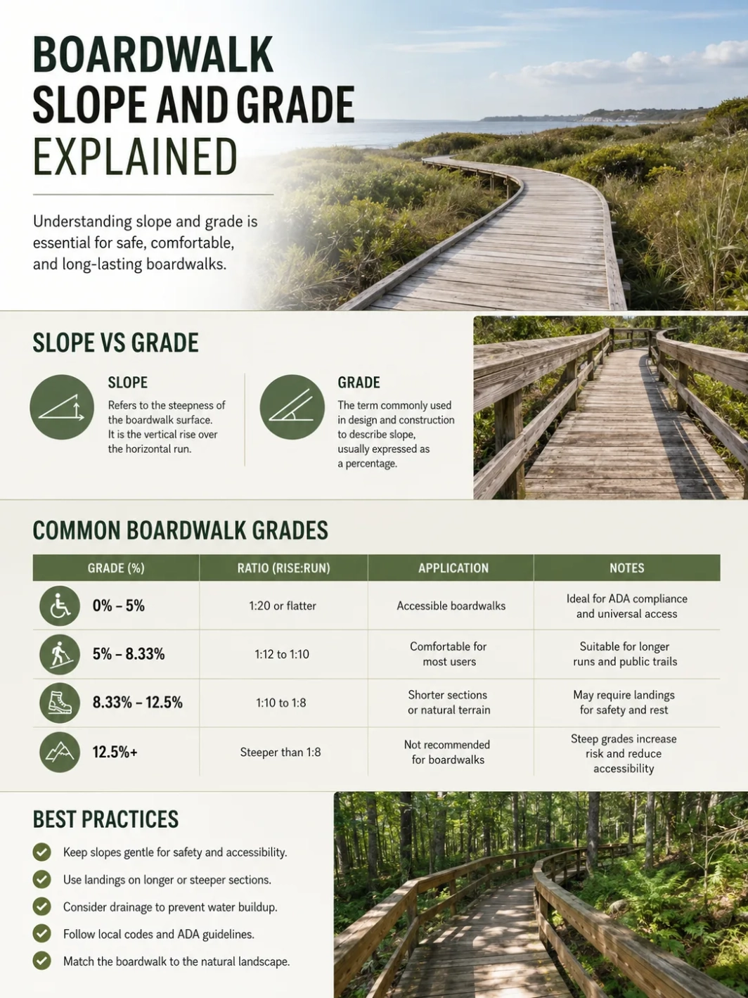 Boardwalk slope grade ensures safe and comfortable walking paths along scenic routes, combining practical design with natural landscape integration.