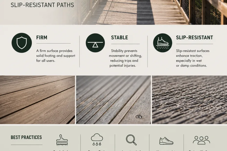 Boardwalk surface safety emphasizes slip-resistant, stable, and durable paths for secure walking experiences.