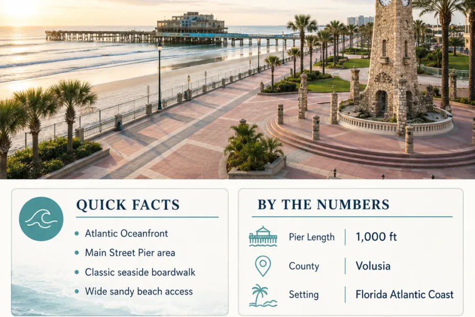 Daytona Beach Boardwalk in Florida features lively arcades, shops, and sunny beaches perfect for a fun coastal retreat.