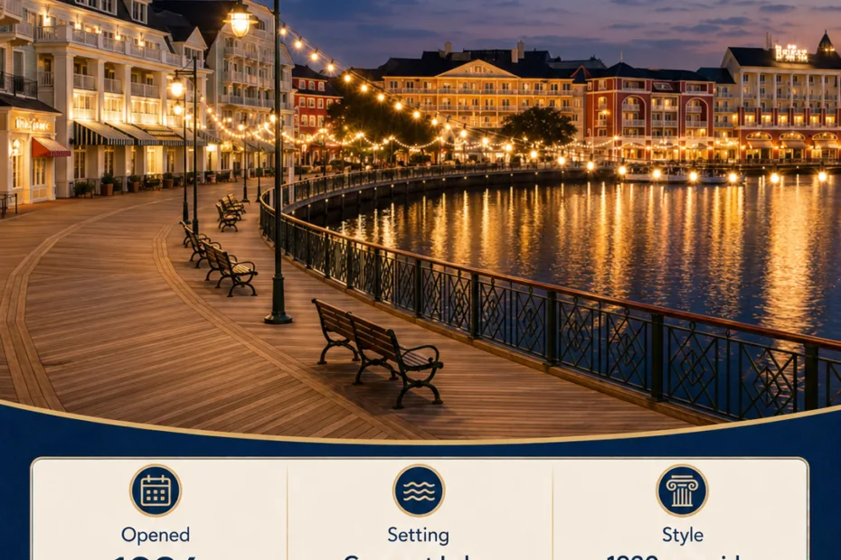 Disney's BoardWalk in Bay Lake, Florida offers scenic waterfront views, lively entertainment, and charming shops in a vibrant Disney resort setting.