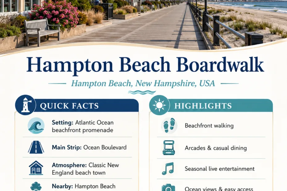Hampton Beach Boardwalk offers scenic views, bustling shops, and beach fun in Hampton Beach, New Hampshire, making it a popular seaside destination.