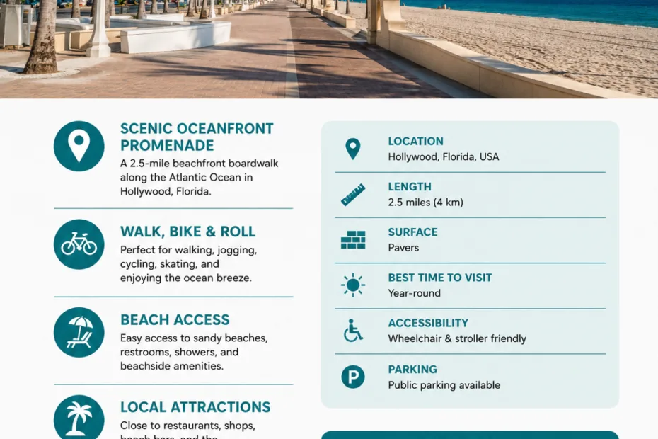 Hollywood Beach Broadwalk in Florida offers a scenic oceanfront walk, popular for its shops, restaurants, and vibrant seaside atmosphere.