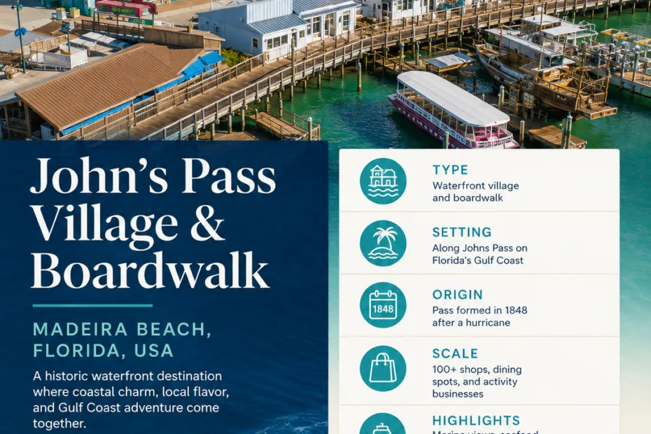 John's Pass Village and Boardwalk in Madeira Beach, Florida offers shopping, dining, and waterfront views at this popular tourist spot.