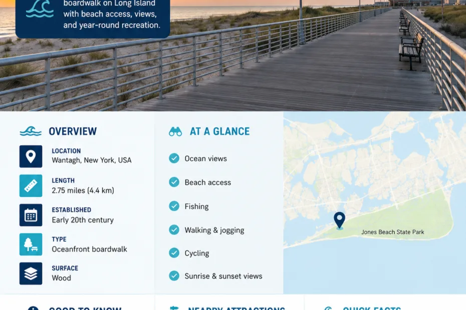 Jones Beach Boardwalk in Wantagh, New York, offers scenic views and a relaxing seaside experience along the iconic coastline.