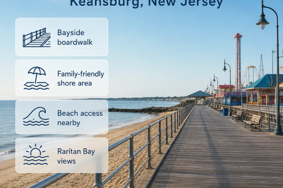 Keansburg Boardwalk in New Jersey offers beach access, scenic views, and family-friendly entertainment along the coastline.