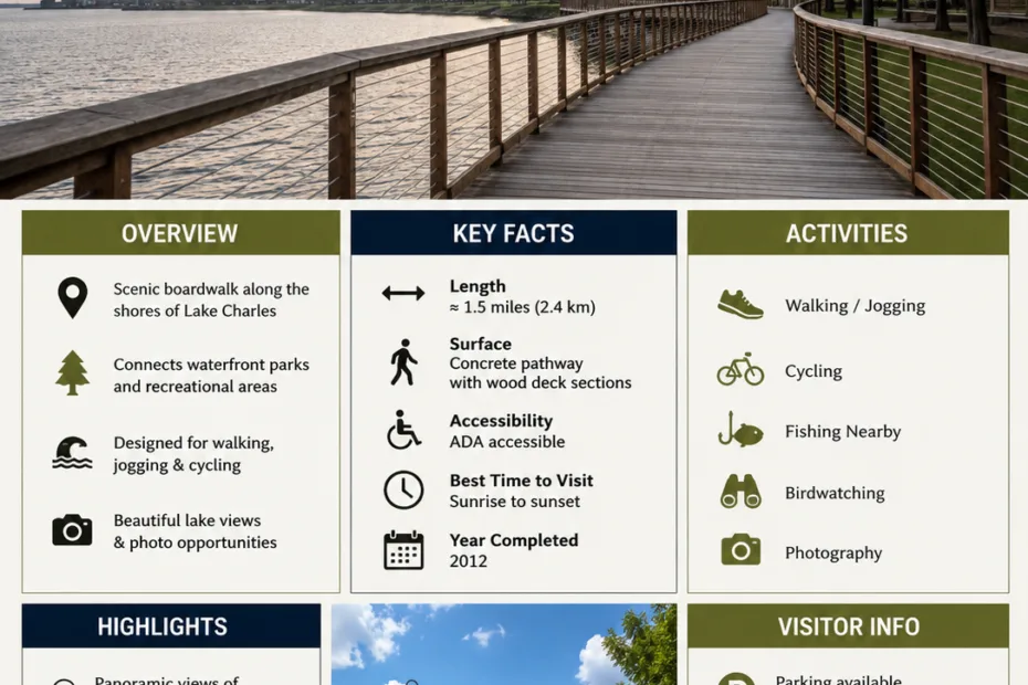 Lake Charles Boardwalk offers scenic views and outdoor activities along the Louisiana coastline for visitors and locals alike.
