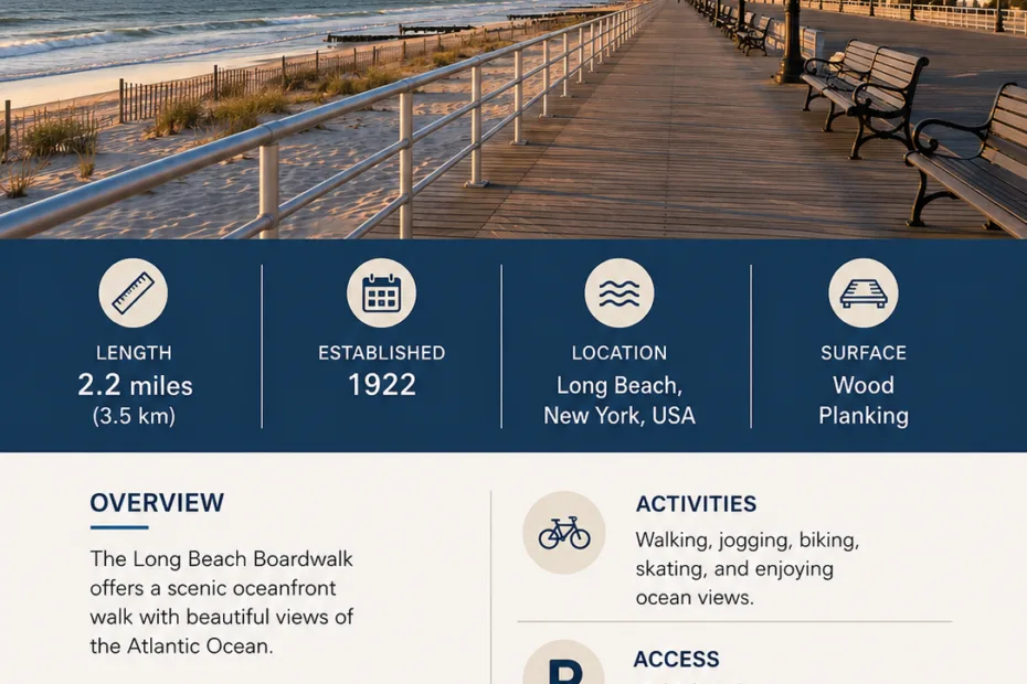 Long Beach Boardwalk in New York offers scenic ocean views and a relaxing spot for visitors in Long Beach, NY.