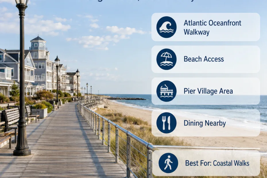 Long Branch Boardwalk offers scenic ocean views and beach access in New Jersey, perfect for strolling and enjoying seaside activities.