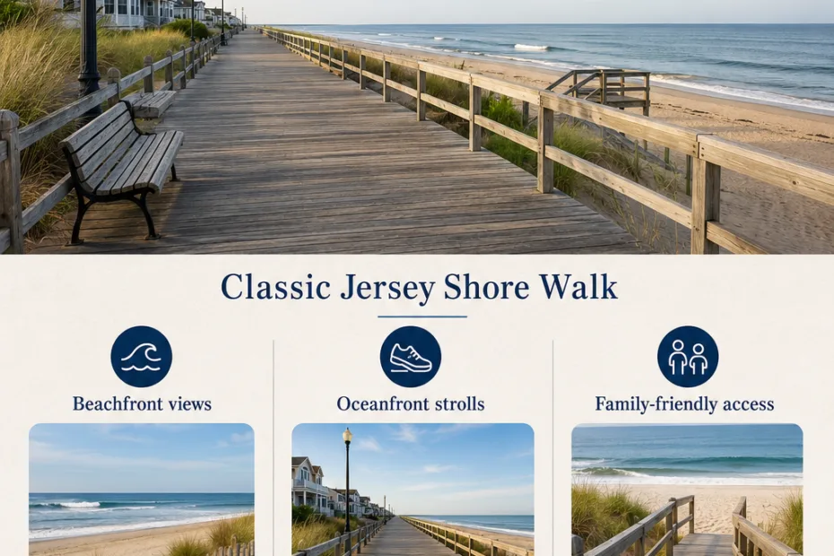 Manasquan Boardwalk in New Jersey offers a scenic seaside walk with benches, ocean views, and beach access for visitors to enjoy.