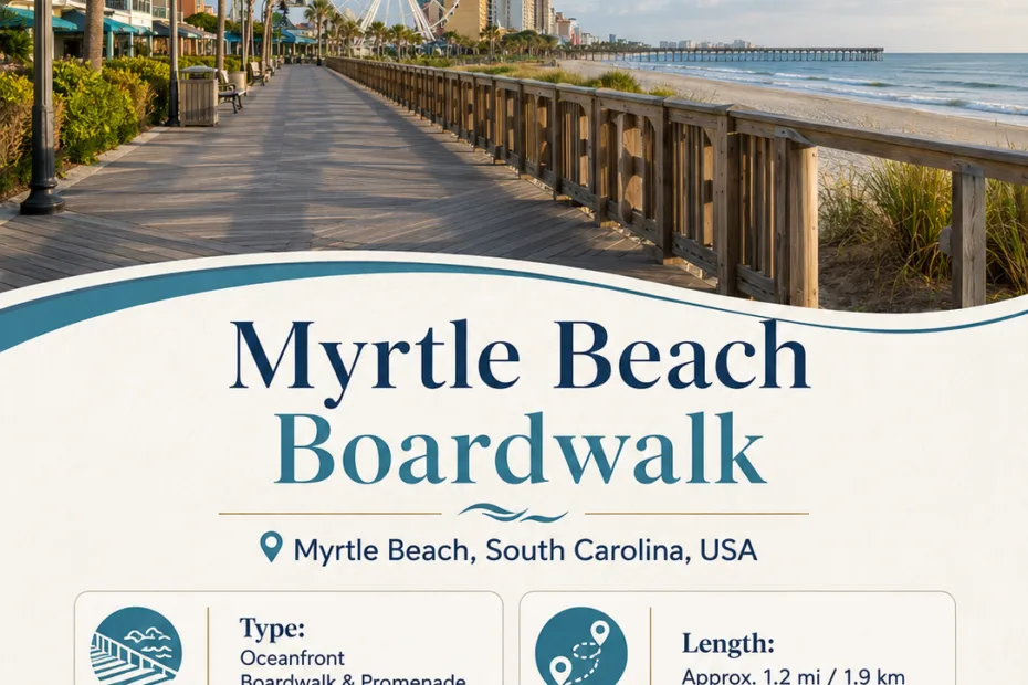 Myrtle Beach Boardwalk offers a scenic oceanfront promenade filled with lively attractions and beautiful views in South Carolina.