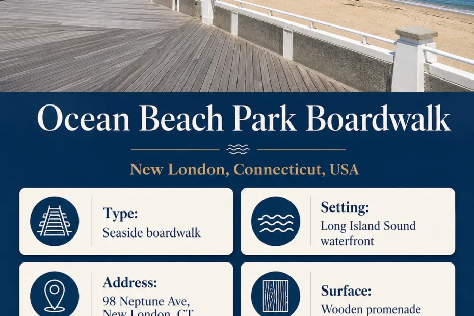 Ocean Beach Park Boardwalk in New London, Connecticut offers a scenic seaside walkway perfect for strolling and enjoying coastal views.