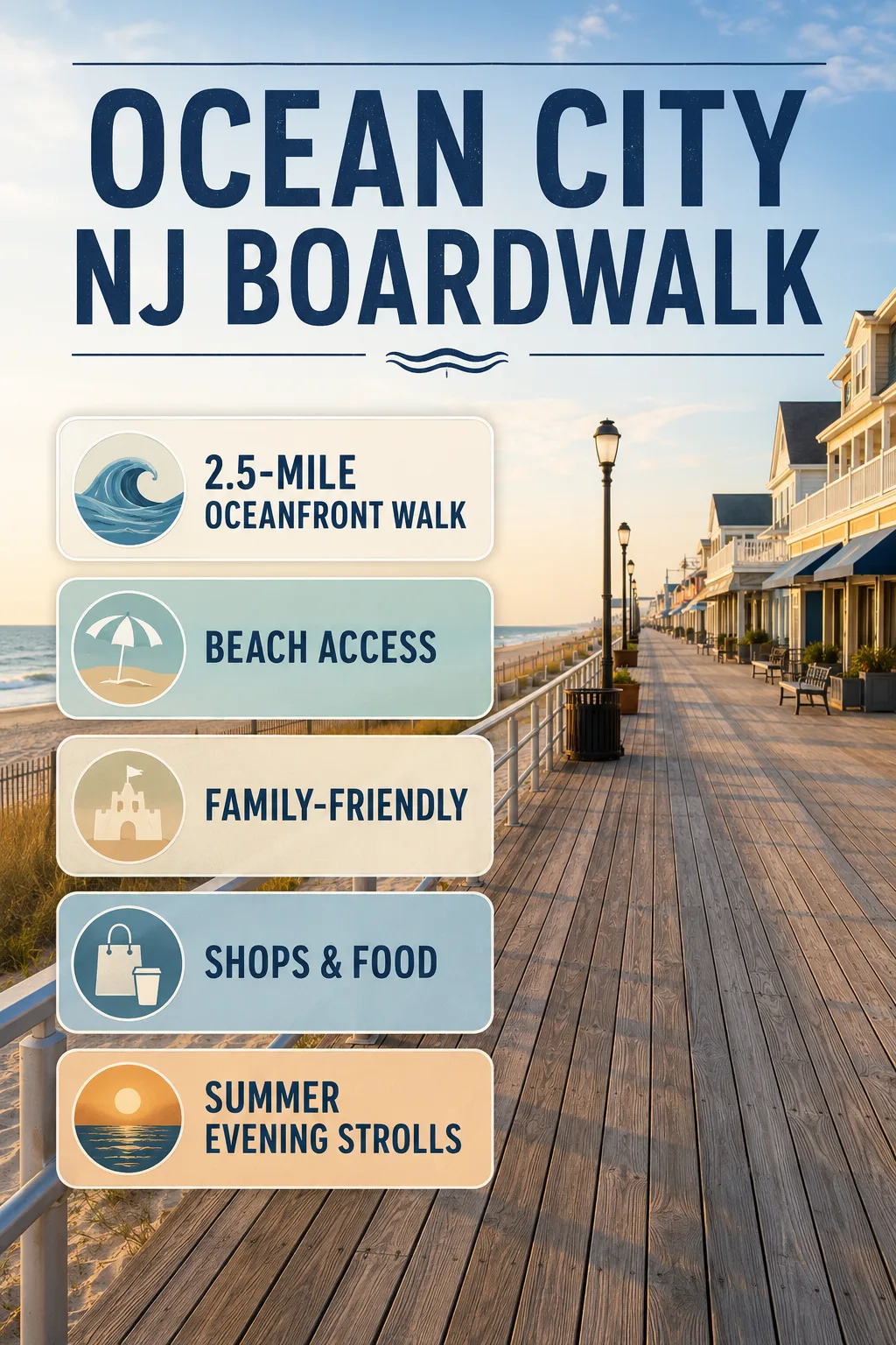 Ocean City NJ Boardwalk with beaches, shops, and family-friendly atmosphere for fun summer days on the ocean city new jersey boardwalk.