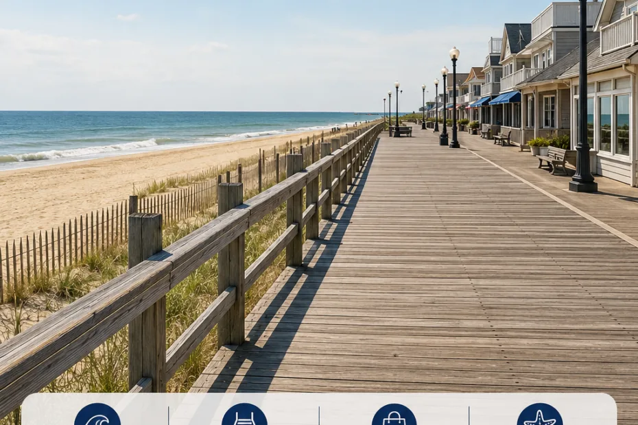Rehoboth Beach Boardwalk in Delaware offers a scenic walkway with shops, restaurants, and ocean views for visitors to enjoy.