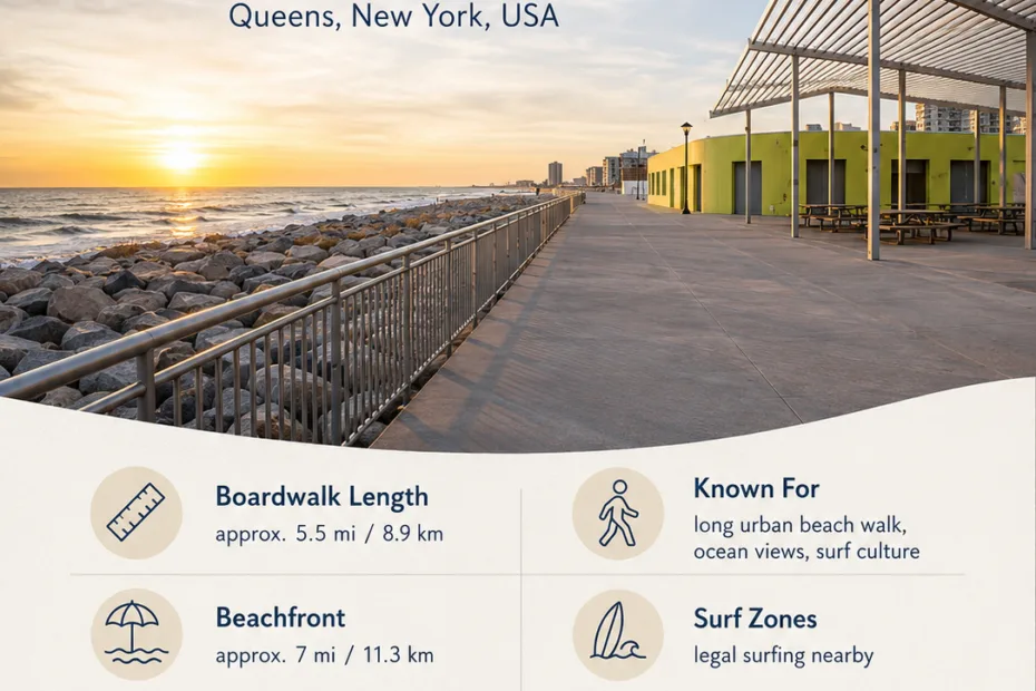 Rockaway Boardwalk in Queens, New York offers a scenic seaside promenade perfect for walking, biking, and enjoying ocean views.