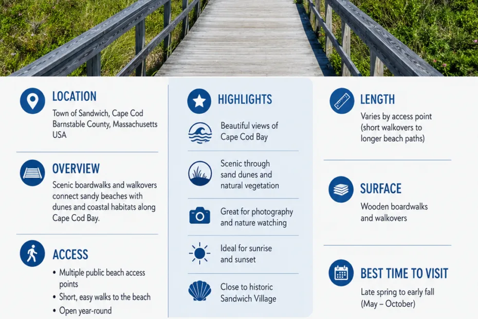 Sandwich Boardwalk in Massachusetts offers scenic ocean views and easy access to the beach in Sandwich, MA.