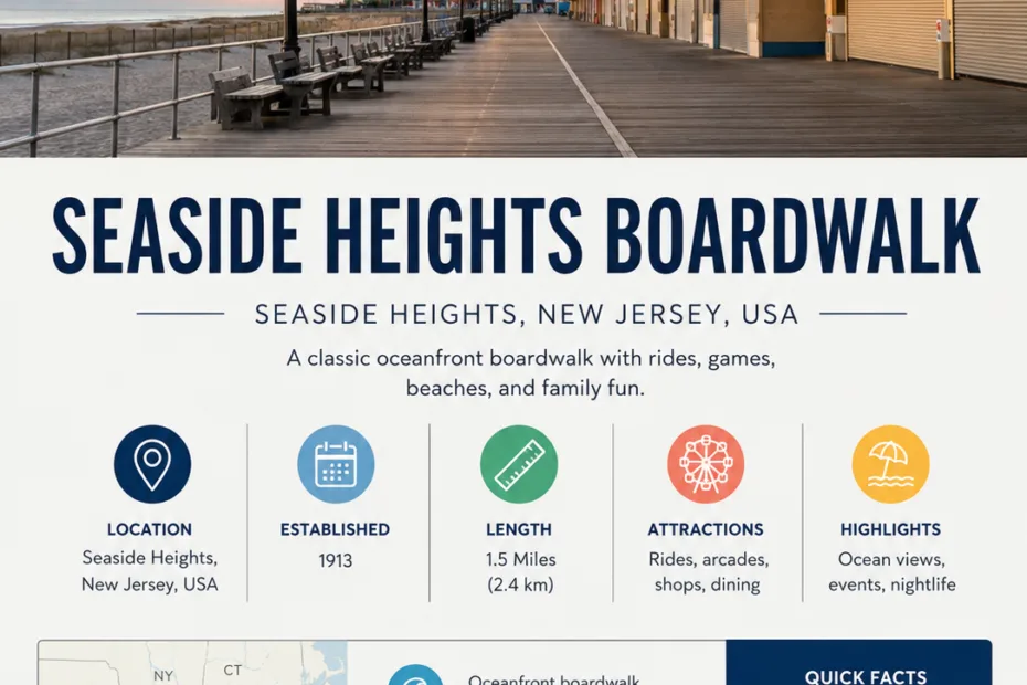 Seaside Heights Boardwalk in New Jersey offers a lively seaside escape with scenic views and classic coastal attractions.