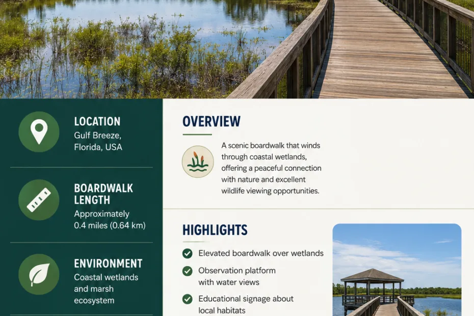 Shoreline Park Wetlands Boardwalk in Gulf Breeze, Florida offers a scenic walk through lush wetlands and native wildlife habitats.