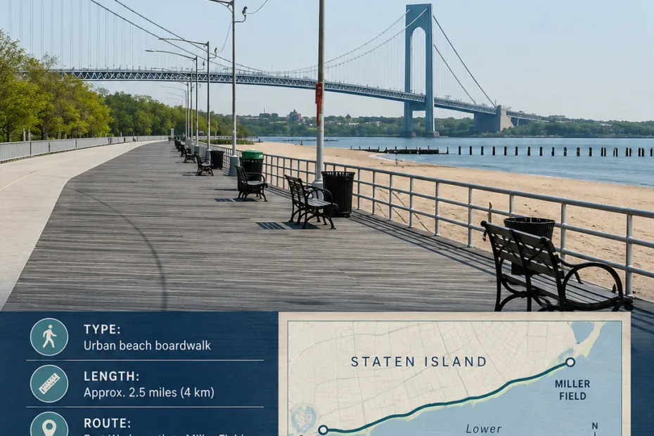 People enjoy a walk along the South Beach Boardwalk in Staten Island with views of the river and the Staten Island Bridge nearby.