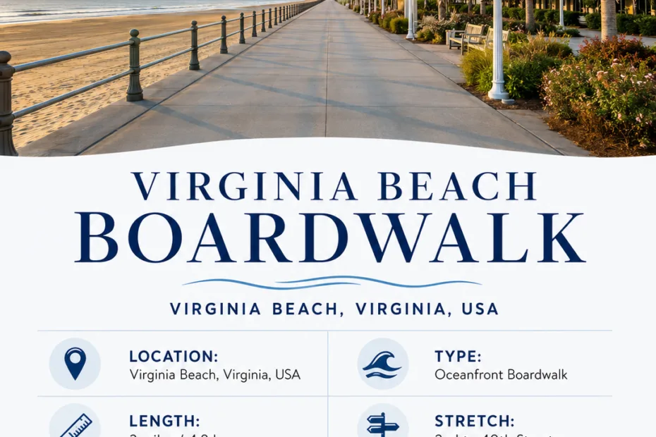 Virginia Beach Boardwalk in Virginia Beach, Virginia, featuring a scenic oceanfront walkway with shops, palm trees, and lively atmosphere for visitors…