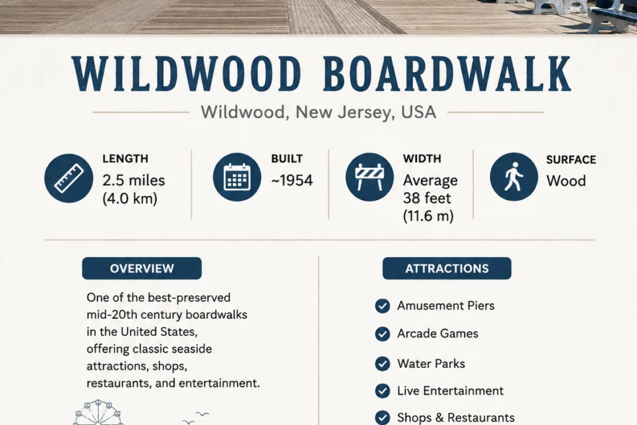 Wildwood Boardwalk in New Jersey offers classic seaside fun with shops, rides, and beach views perfect for a family day by the sea.
