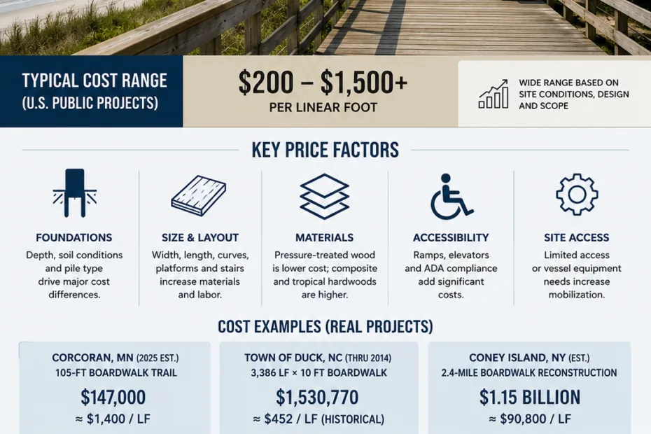 A detailed infographic explaining the main price factors that influence the cost of building a boardwalk.