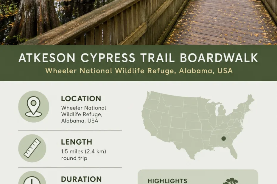 Atkeson Cypress Trail Boardwalk offers scenic views and easy access to Wheeler National Wildlife Refuge in Alabama for nature lovers.