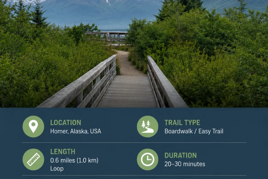 Beluga Slough Trail Boardwalk in Homer, Alaska offers scenic views and access to nature in a peaceful outdoor setting.