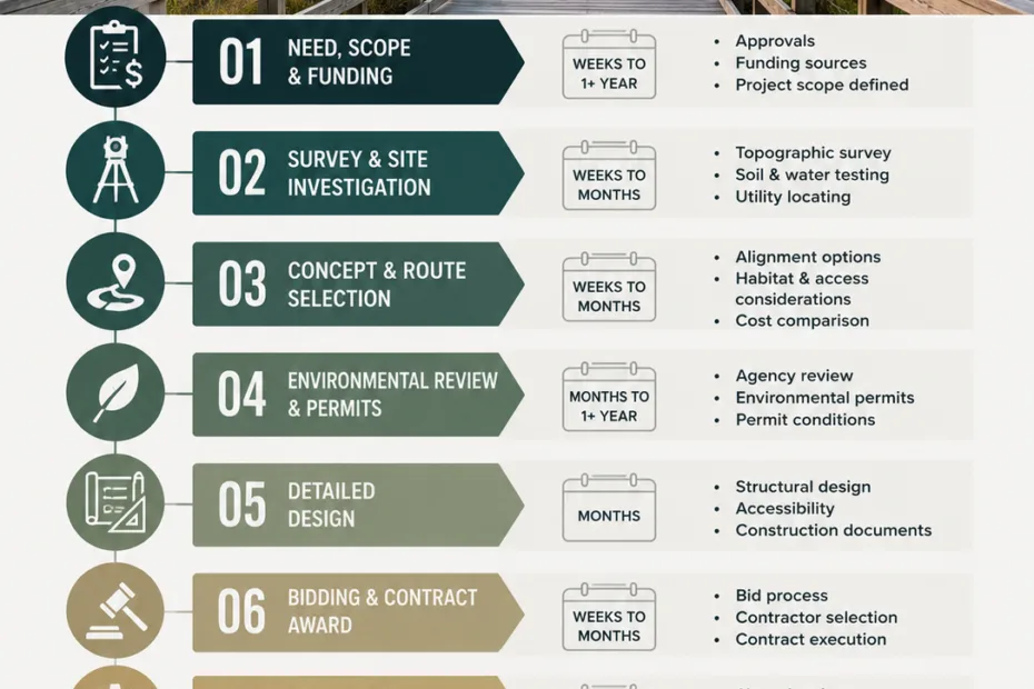 Boardwalk construction timeline showcasing key phases from planning to installation details.