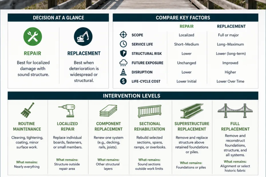 Comparison chart of boardwalk replacement vs repair options to help decide the best solution for your project.