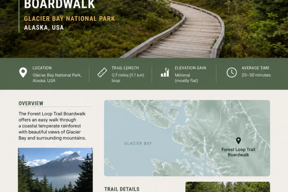 Glacier Bay National Park's forest loop trail boardwalk offers a scenic walk through lush Alaskan woods