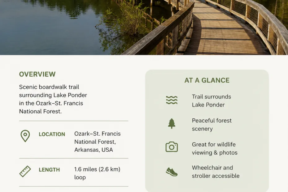 Lake Ponder Trail Boardwalk offers a scenic walking path over water and through nature in Arkansas, perfect for outdoor enthusiasts.