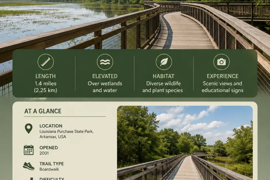Louisiana Purchase Boardwalk at Louisiana Purchase State Park offers scenic views and a peaceful outdoor experience in Arkansas.