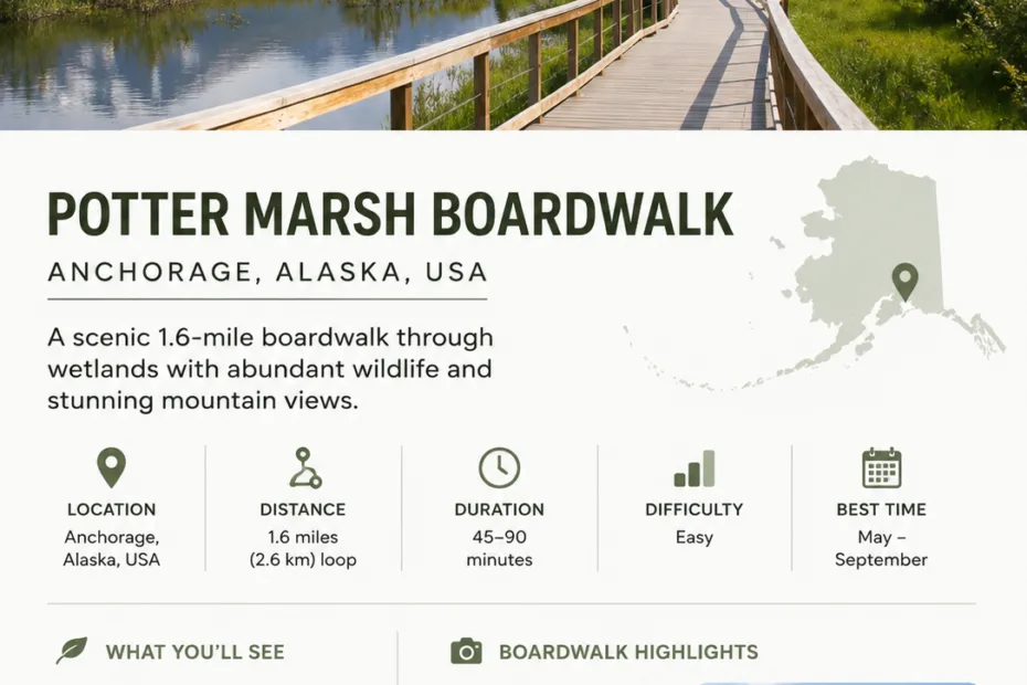 Potter Marsh Boardwalk offers scenic views and wildlife observation in Anchorage, Alaska, perfect for nature lovers and outdoor adventures.