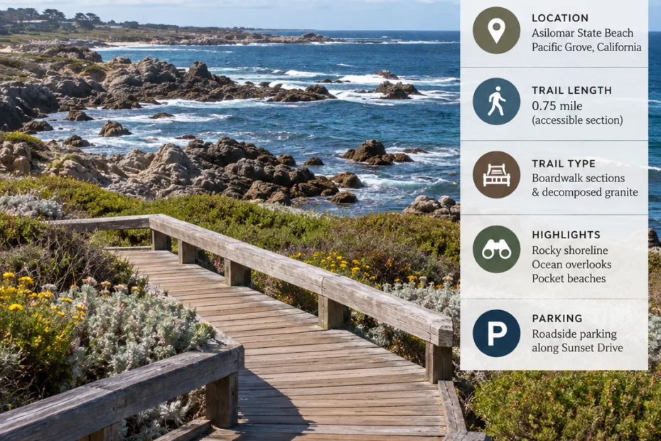 Asilomar Coast Trail Boardwalk in Pacific Grove, California offers scenic ocean views and easy access for visitors exploring the coastline.