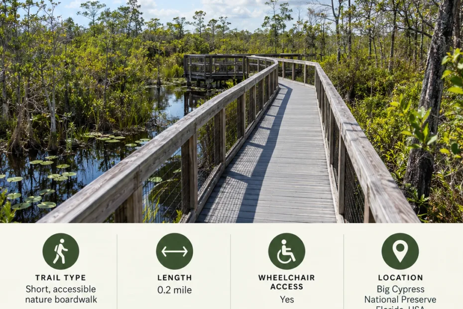 Bobcat Boardwalk Trail in Big Cypress National Preserve offers scenic views of Florida's wetlands and lush greenery.