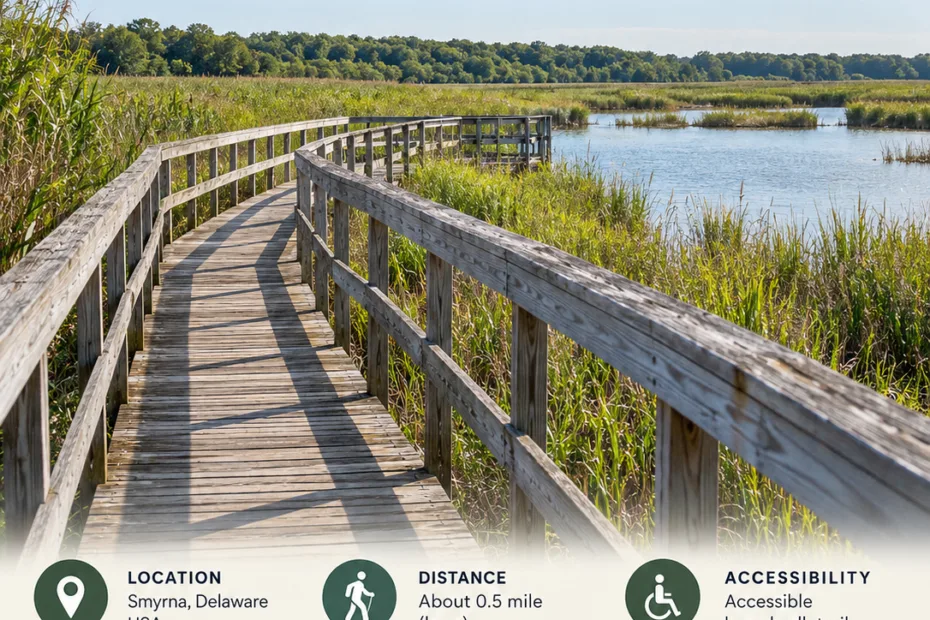 Bombay Hook Boardwalk Trail at Delaware's wildlife refuge offers a scenic walk through marshes and bird habitats.