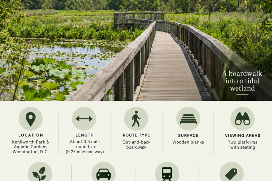 Kenilworth Aquatic Gardens Boardwalk offers a peaceful walking path through lush wetlands and vibrant aquatic plants in Washington, DC.