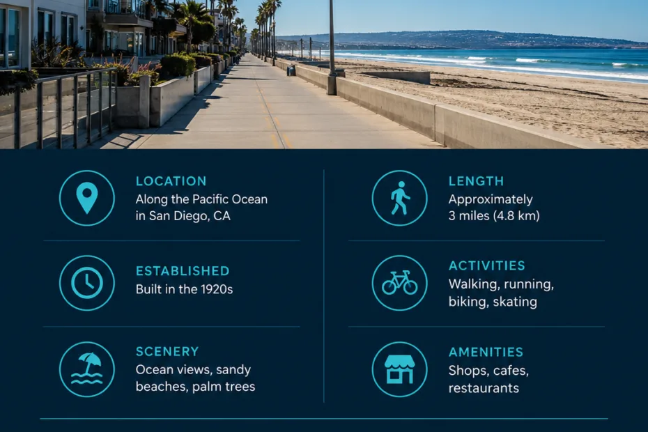 Mission Beach Pacific Beach boardwalk offers scenic oceanfront views and popular spots for walking, biking, and enjoying California's coastline.