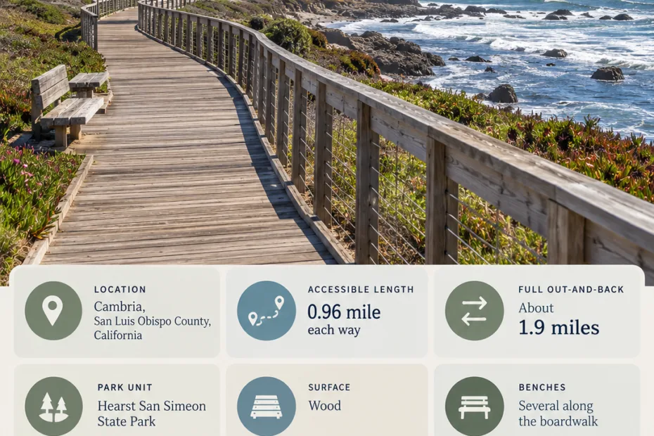 Moonstone Beach Boardwalk offers a scenic seaside stroll with ocean views, pebble pathways, and relaxing coastal atmosphere in Cambria, California.
