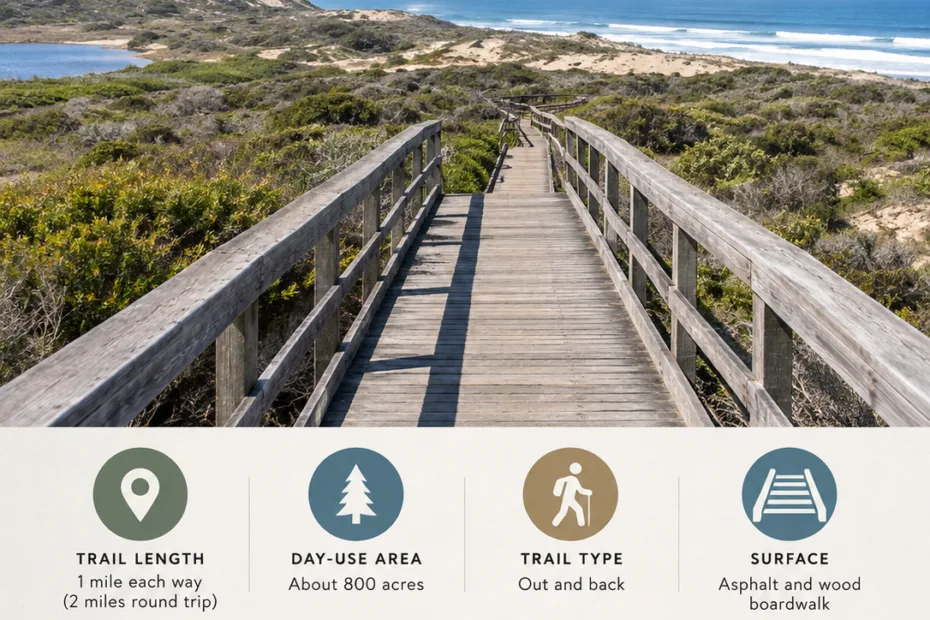 Oso Flaco Lake Boardwalk near Guadalupe, California, offers a scenic walk through nature with views of the lake and surrounding landscape.